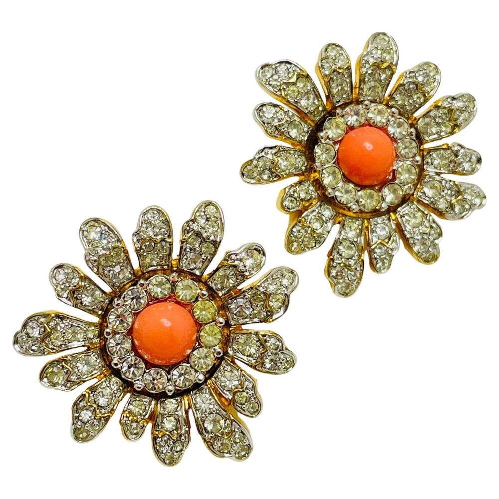 JOMAZ JOSEPH MAZER signed vintage gold crystal coral designer runway earrings